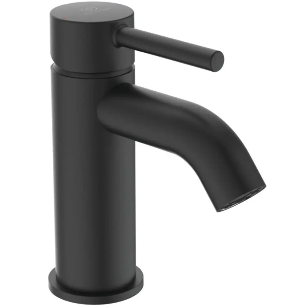 Schwarze Waschtischarmatur von Ideal Standard mit einem runden, hohem Auslauf und einem Hebel zur Steuerung der Wasserzufuhr. Die Armatur hat eine m.Push-open-Funktion.